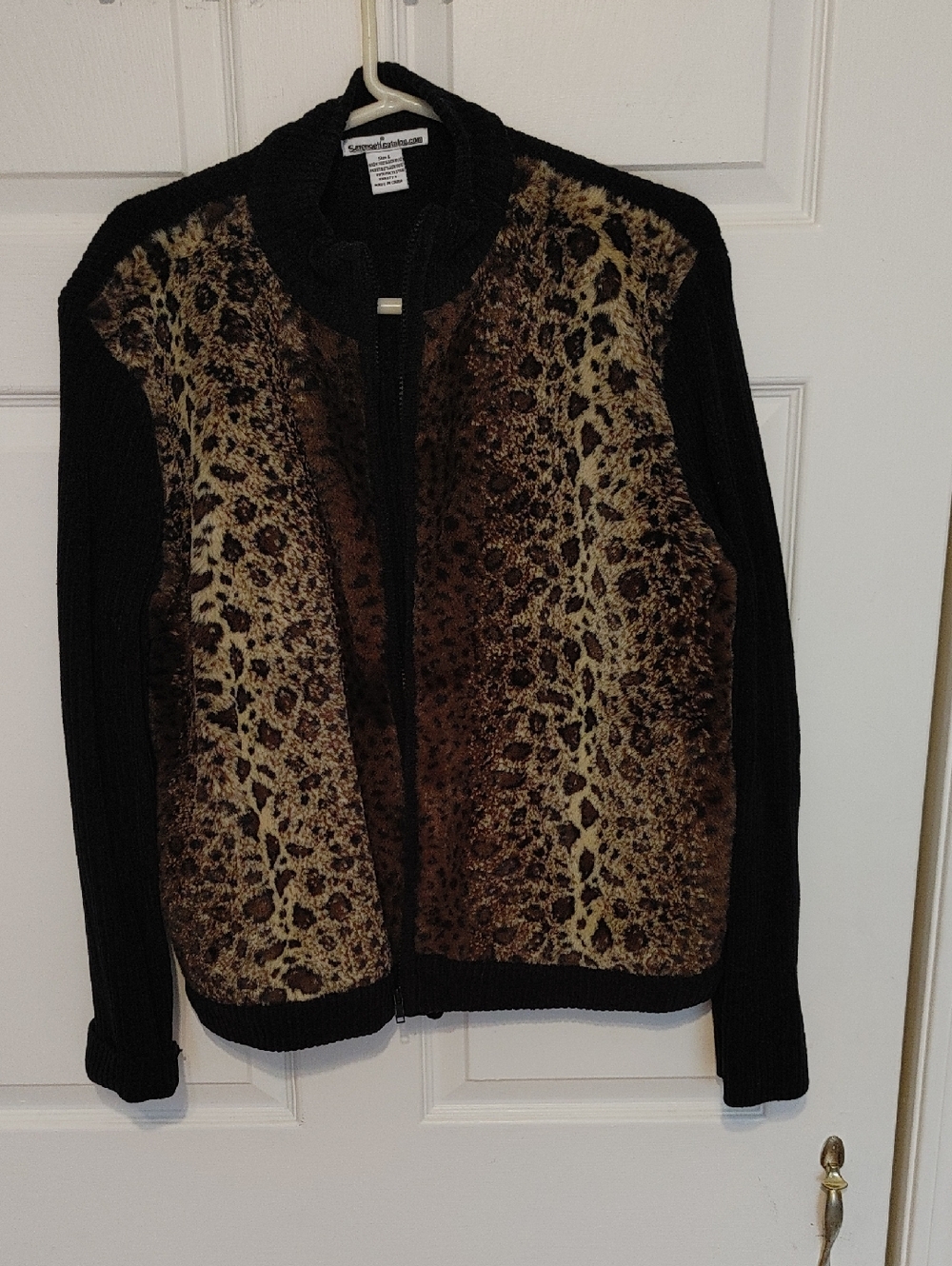 Serengeti Black Knit Jacket with Brown Leopard Panels